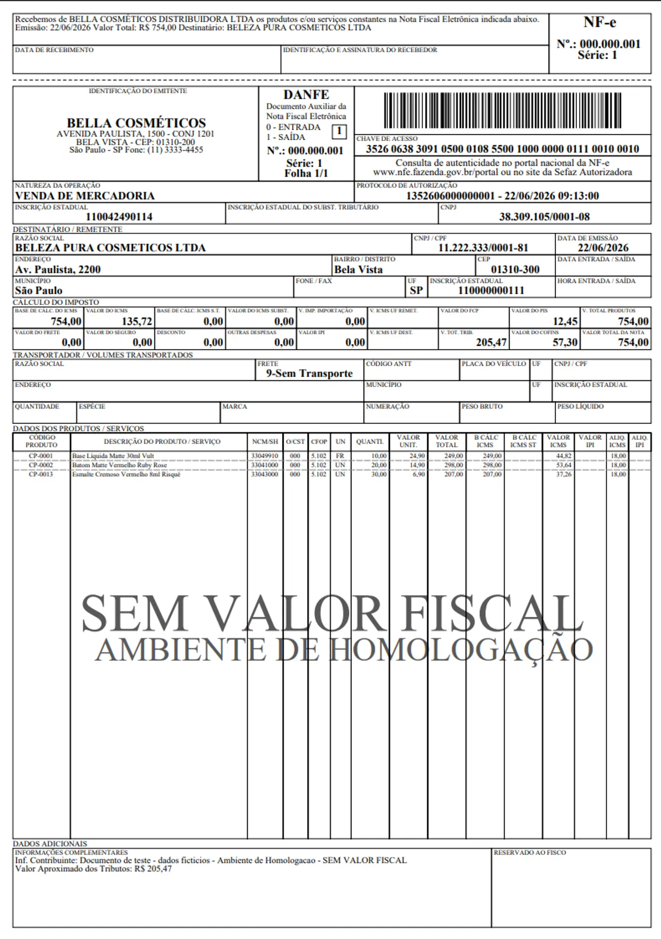 Tela DANFE da nota do ErpAI